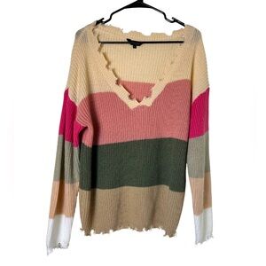 Amaryllis Women’s Color Block Distressed Knit Sweater
